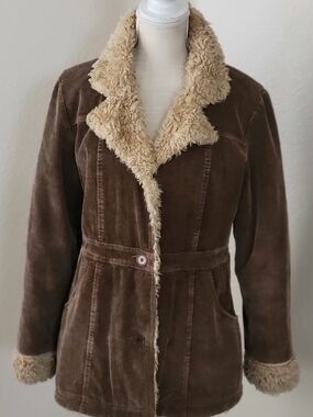 Vintage STATIC Corduroy Faux Fur Jacket Brown Quilted Lined Penny Lane Size L